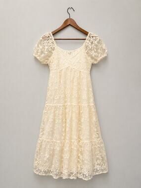 Womens Ivory Floral Embroidered Maxi Dress Sheer Puff Sleeve Cottagecore Sz M
